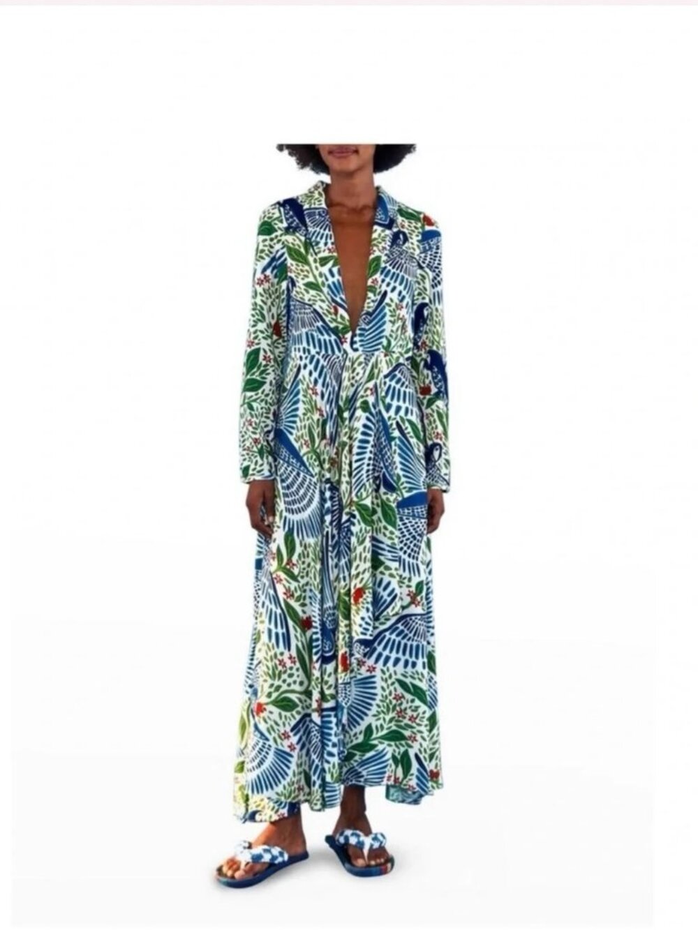 NWT FARM Rio Blue Macaw Flight Maxi Dress with Botanical and Bird Print Size L - Picture 2 of 10
